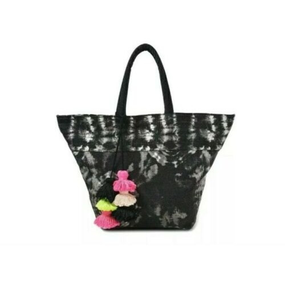 No Boundaries Women's Ikat Lined Tote Bag Tassel Large Black Tie Dye Pockets New